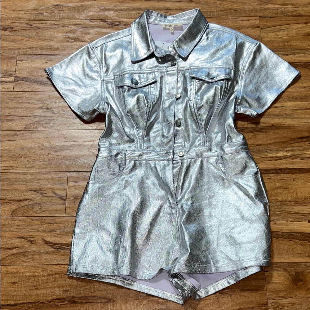 Peach Love California Metallic Silver Romper NWT Size Small